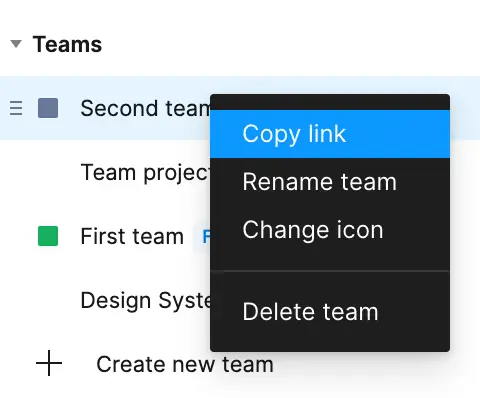 Screenshot of how to right-click on a team in Figma and copy the link.